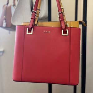 Calvin Klein Saffiano Leather Burnt Orange Zipped Bag